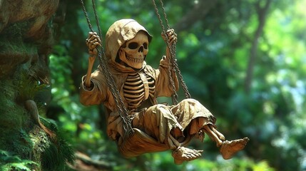 Obraz premium Whimsical skeleton in a hooded cloak enjoying a swing in the forest, blending elements of fantasy and macabre in a vibrant natural setting.