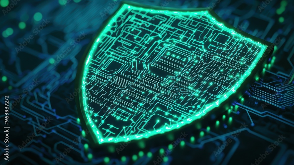 Poster a shield icon made of circuit boards and glowing wires, representing encrypted networks, tech, green