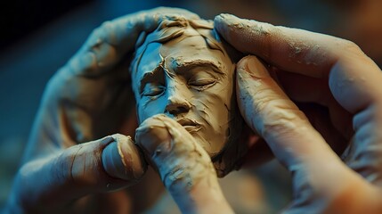Molding a Clay Figurine: Close-up of hands carefully molding a small clay figurine, capturing the fine details of the fingers and the pliable material.
