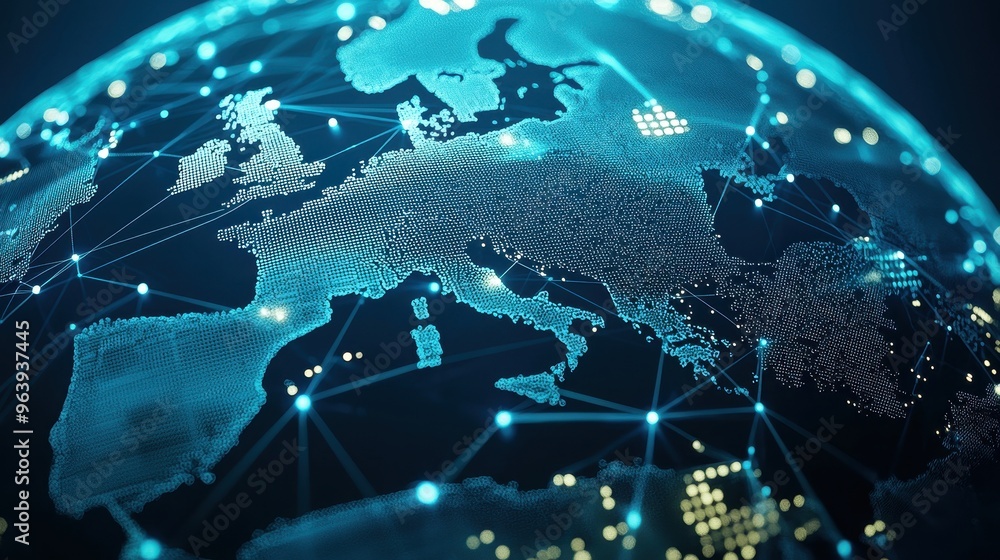 Poster global network connection digital world map with glowing lines and nodes