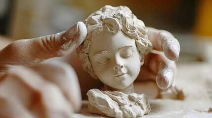 Molding a Clay Figurine: Close-up of hands carefully molding a small clay figurine, capturing the fine details of the fingers and the pliable material.

