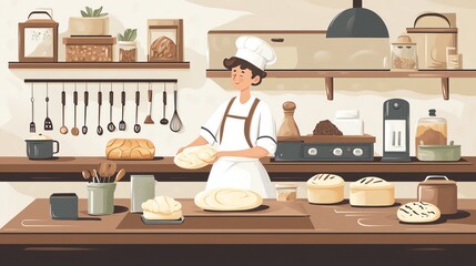 A baker in a white chef's hat kneads dough in a kitchen. There are various kitchen utensils and ingredients on the shelves and countertops.
