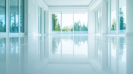 Fototapeta premium Modern Interior Design with Large Windows and Glossy Floor