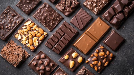 Fototapeta premium A delicious assortment of chocolate bars with various toppings, including nuts and almonds, arranged on a dark background.