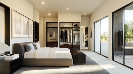 Fototapeta premium Modern Bedroom Interior with Walk-In Closet and Balcony Access