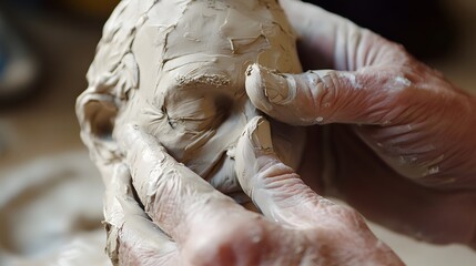 Molding a Clay Figurine: Close-up of hands carefully molding a small clay figurine, capturing the fine details of the fingers and the pliable material.
