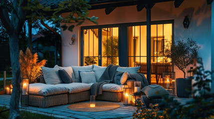 Cozy outdoor patio with warm lighting and comfortable seating at dusk