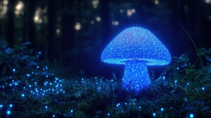 Glowing Blue Mushroom in Dark Forest with Bioluminescent Moss