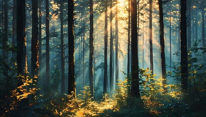 In the forest illuminated by the sun, trees stand up, creating a mysterious atmosphere and giving people a feeling of tranquility and mystery.