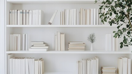 A clean, white bookshelf with neatly arranged books and minimal decor