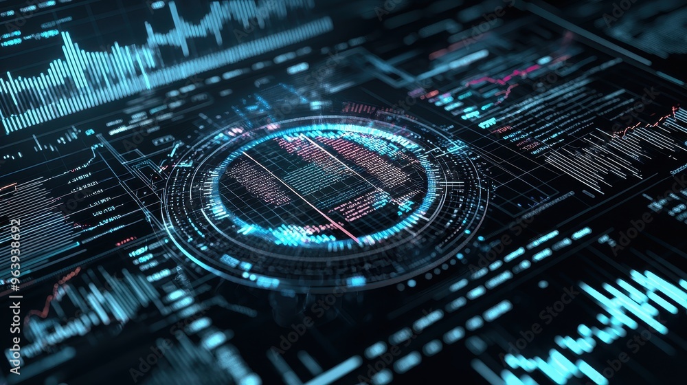 Poster futuristic digital interface with glowing data and charts