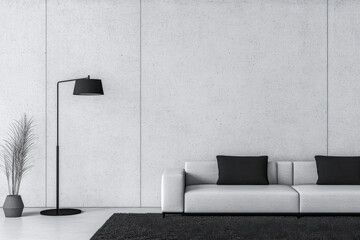 Minimalist living room composition with a sofa, a lamp and a table against a large concrete grey wall. Brutalist interior design composition with copyspace