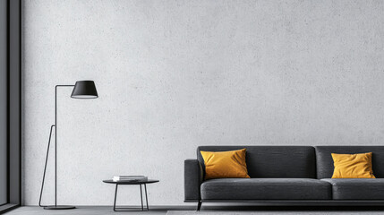 Minimalist living room composition with a sofa, a lamp and a table against a large concrete grey wall. Brutalist interior design composition with copyspace