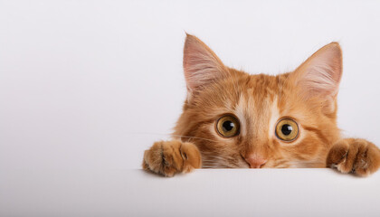 Orange tabby cat curiously peeking out from behind the white background, Free space for text. concept of curiosity and innocence.