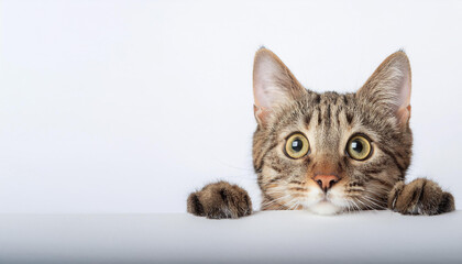 Obraz premium Tabby cat curiously peeking out from behind the white background, Free space for text. concept of curiosity and innocence.
