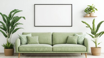 Green Sofa with Plants and Frame Mockup in Minimalist Living Room Interior