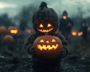 Obraz premium A child dressed in a spooky Halloween costume holds a glowing jack-o'-lantern at dusk, surrounded by eerie pumpkins and fog.