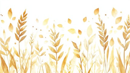 Watercolor Golden Leaves and Grass Pattern Background