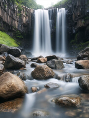 Serene Waterfall Cascading Over Rocky Cliff


