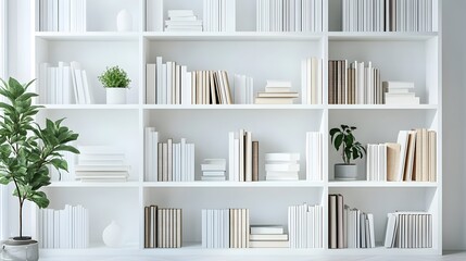 A clean, white bookshelf with neatly arranged books and minimal decor