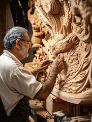 A talented craftsman expertly shapes a wooden masterpiece with elaborate details, reflecting passion and skill in a warm workshop.
