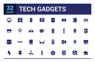 Tech gadgets icon collection. Smartphone, laptop, tablet, smart watch, drone, filled icon set, solid icon set. Glyph icon set for web and ui. Editable stroke. Vector illustration.