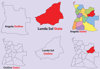 Lunda Sul map vector of Angola, Lunda Sul line map, Lunda Sul with city map, Lunda Sul outline map
