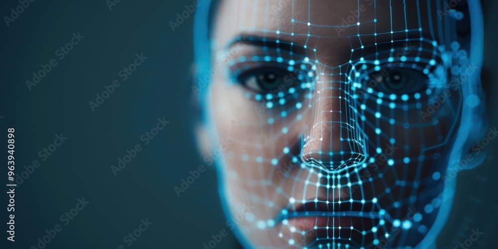 Poster close-up of a digital face with glowing grid lines representing artificial intelligence and technolo