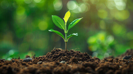 Young plant growing from a pile of coins in a natural setting, symbolizing financial growth and sustainability...