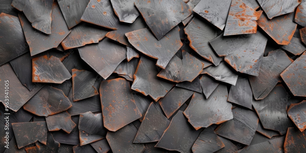 Poster close-up of dark, textured tiles with rusty edges, ideal for backgrounds in design, art, or architec