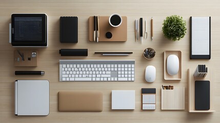 A top-down view of a simple, modern desk setup with clean lines and minimal clutter