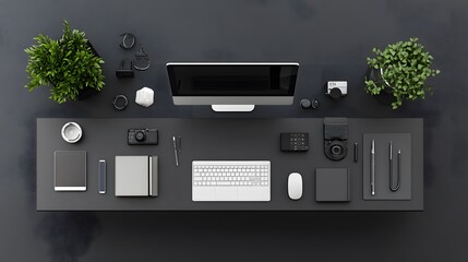 A top-down view of a simple, modern desk setup with clean lines and minimal clutter