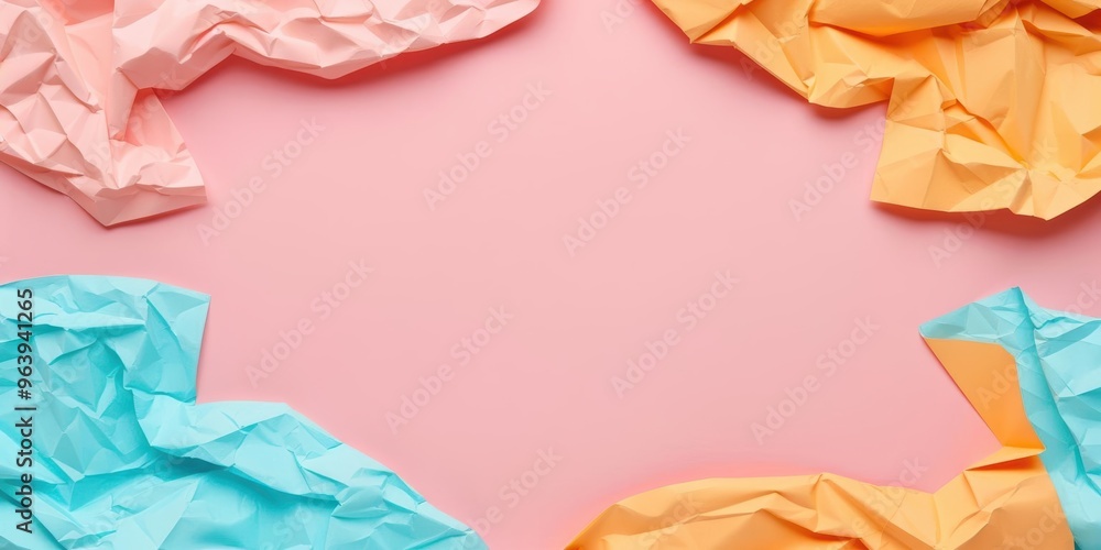 Poster colorful crumpled paper frames the center of a pink background, creating an engaging and vibrant des