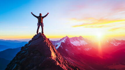 Conquering the Summit: A lone hiker stands triumphantly on a mountain peak, arms raised in victory, as the sun sets in a breathtaking display of color. A powerful image of achievement and resilience. 