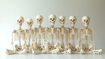 Seven human skeleton models sitting in a row, showcasing anatomy and bone structure against a plain background.