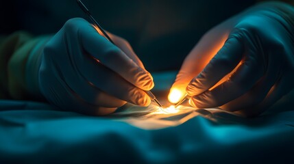 Surgical Precision: Doctor's hands performing a delicate surgery under bright surgical lights.
