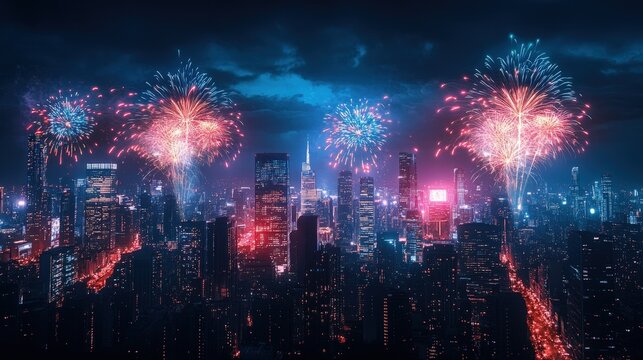 Fireworks in abstract shapes lighting up a tech-inspired city skyline, representing innovation and progress for the New Year, Tech Goals innovation and growth