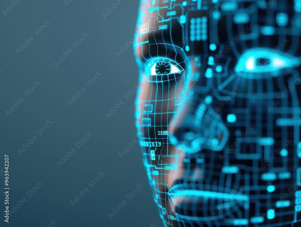 Poster futuristic concept of a digital face with glowing circuits, symbolizing artificial intelligence and 