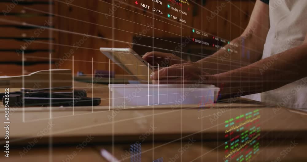 Poster animation of financial data processing over caucasian businessman using tablet