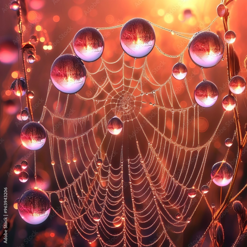Poster stunning close-up of a spider web covered in dew, with glowing water droplets reflecting a vibrant s