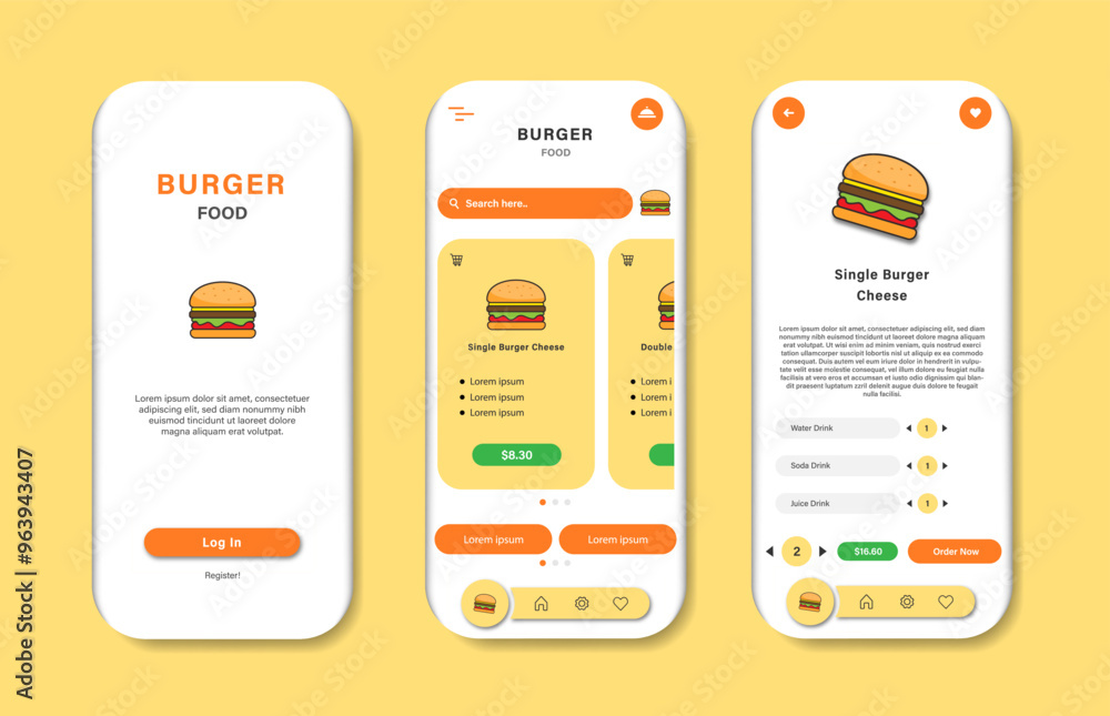 Poster application to buy burgers. burger order interface template collection. responsive gui for mobile ap