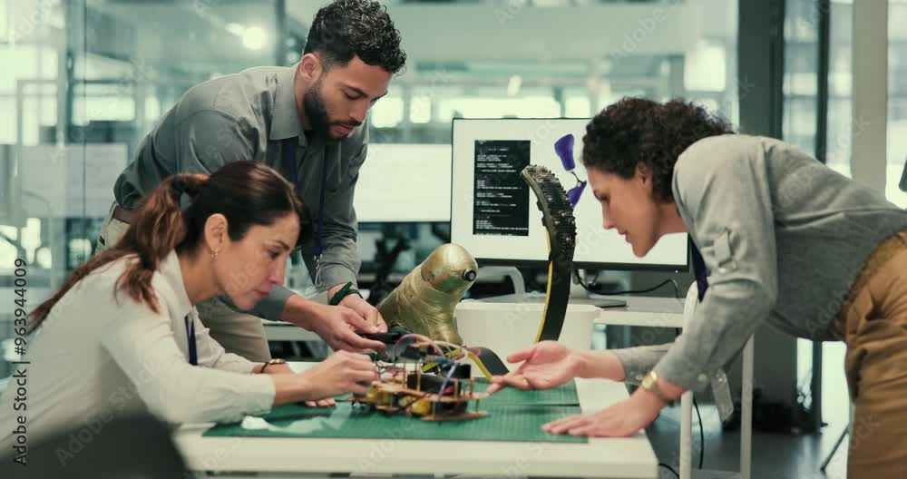Poster People, science and design in lab for prosthetic leg, blade and running with circuit, cables and electronics. Group, teamwork and bionic engineering for artificial limb, sport and machine learning
