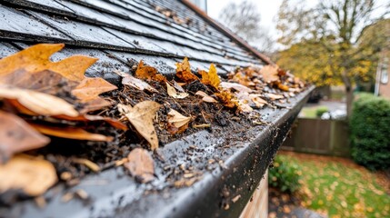 Close up of a gutter filled with autumn leaves