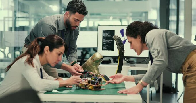 People, science and design in lab for prosthetic leg, blade and running with circuit, cables and electronics. Group, teamwork and bionic engineering for artificial limb, sport and machine learning
