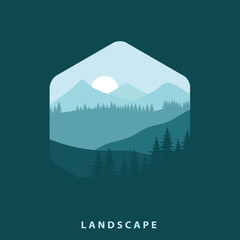 flat design vector illustration of landscape with mountains and pine trees