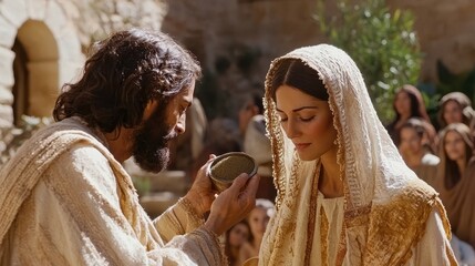 Man giving a woman a bowl of seeds during a religious ceremony