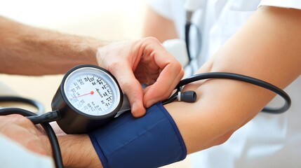 Taking Blood Pressure: Doctor's hands wrapping a blood pressure cuff around a patient's arm and inflating it.
