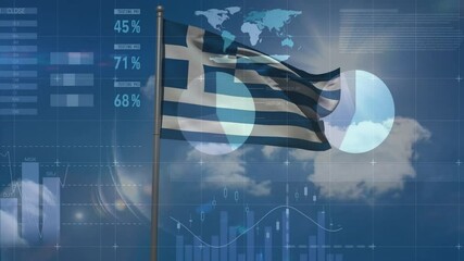 Animation of financial data processing with flag of greece over sky with clouds - Powered by Adobe
