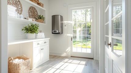 Fototapeta premium Modern Laundry Room Interior with White Cabinets and French Doors