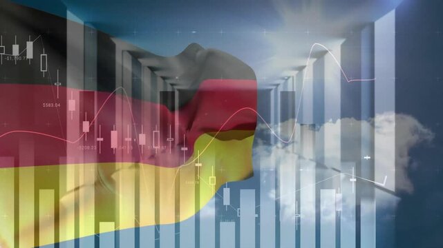 Animation of financial data processing with flag of germany over empty room and sky with clouds